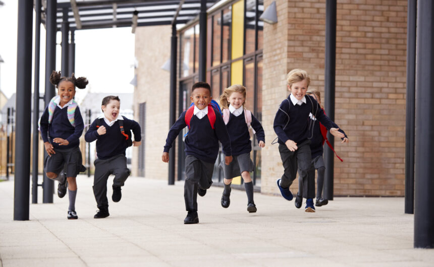 Children running, youth in need, school uniform